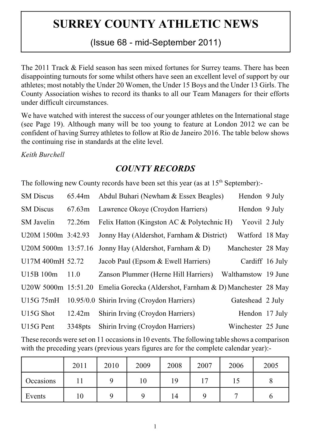 SURREY COUNTY ATHLETIC NEWS (Issue 68 - Mid-September 2011)