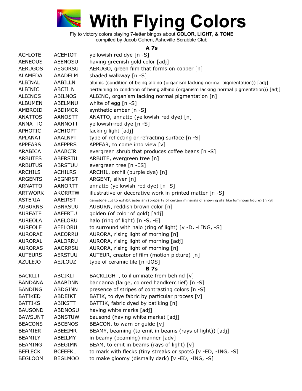With Flying Colors Fly to Victory Colors Playing 7-Letter Bingos About COLOR, LIGHT, & TONE Compiled by Jacob Cohen, Asheville Scrabble Club