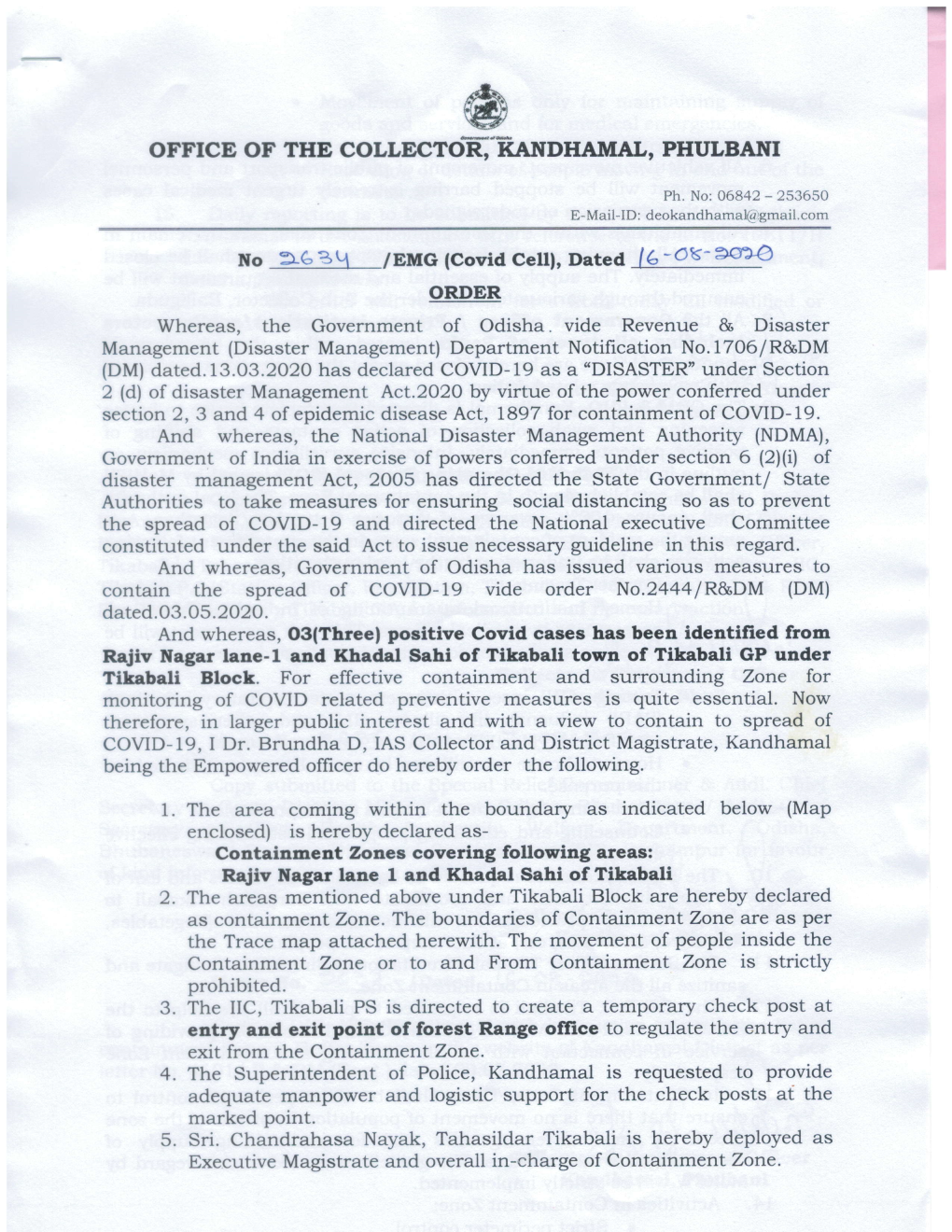 XANDHAMAL, PHULBANI Contain the Spread of COVID- 19 Vide Order No