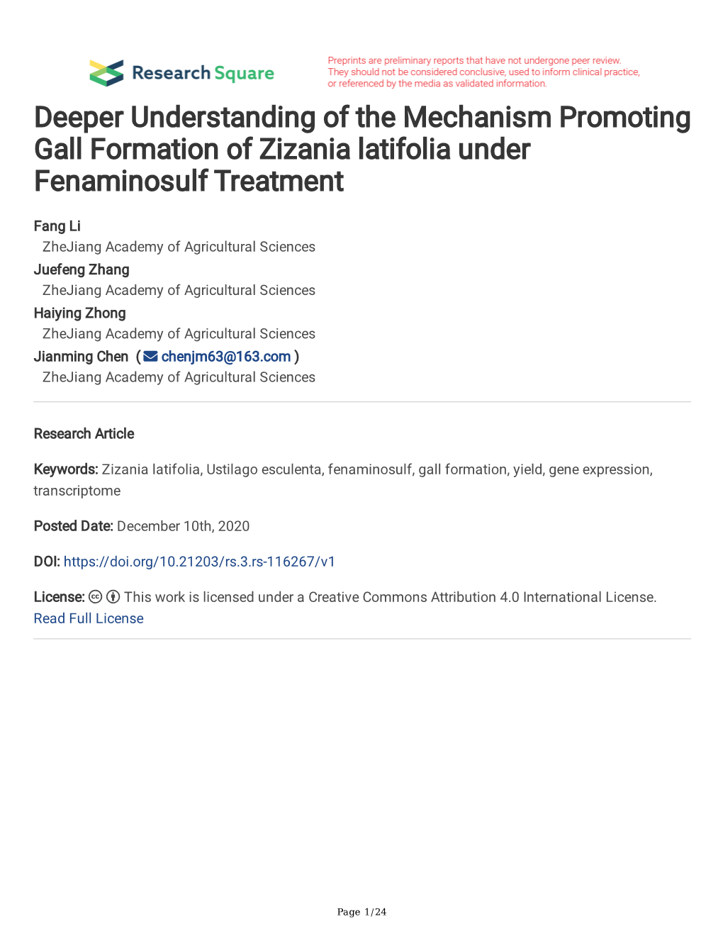 Deeper Understanding of the Mechanism Promoting Gall Formation of Zizania Latifolia Under Fenaminosulf Treatment