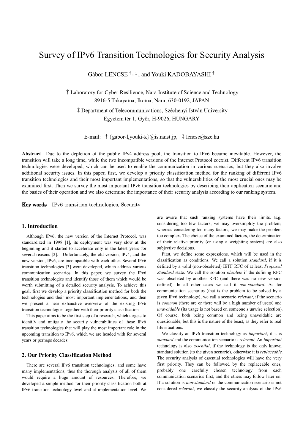 Survey of Ipv6 Transition Technologies for Security Analysis