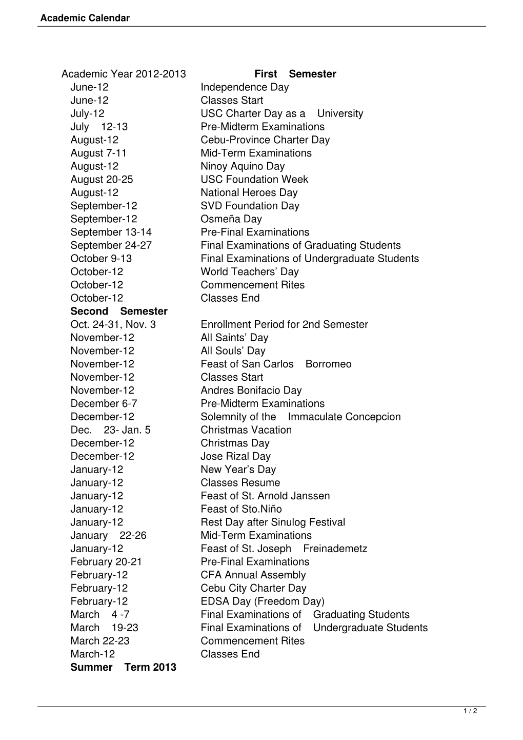 Academic Calendar