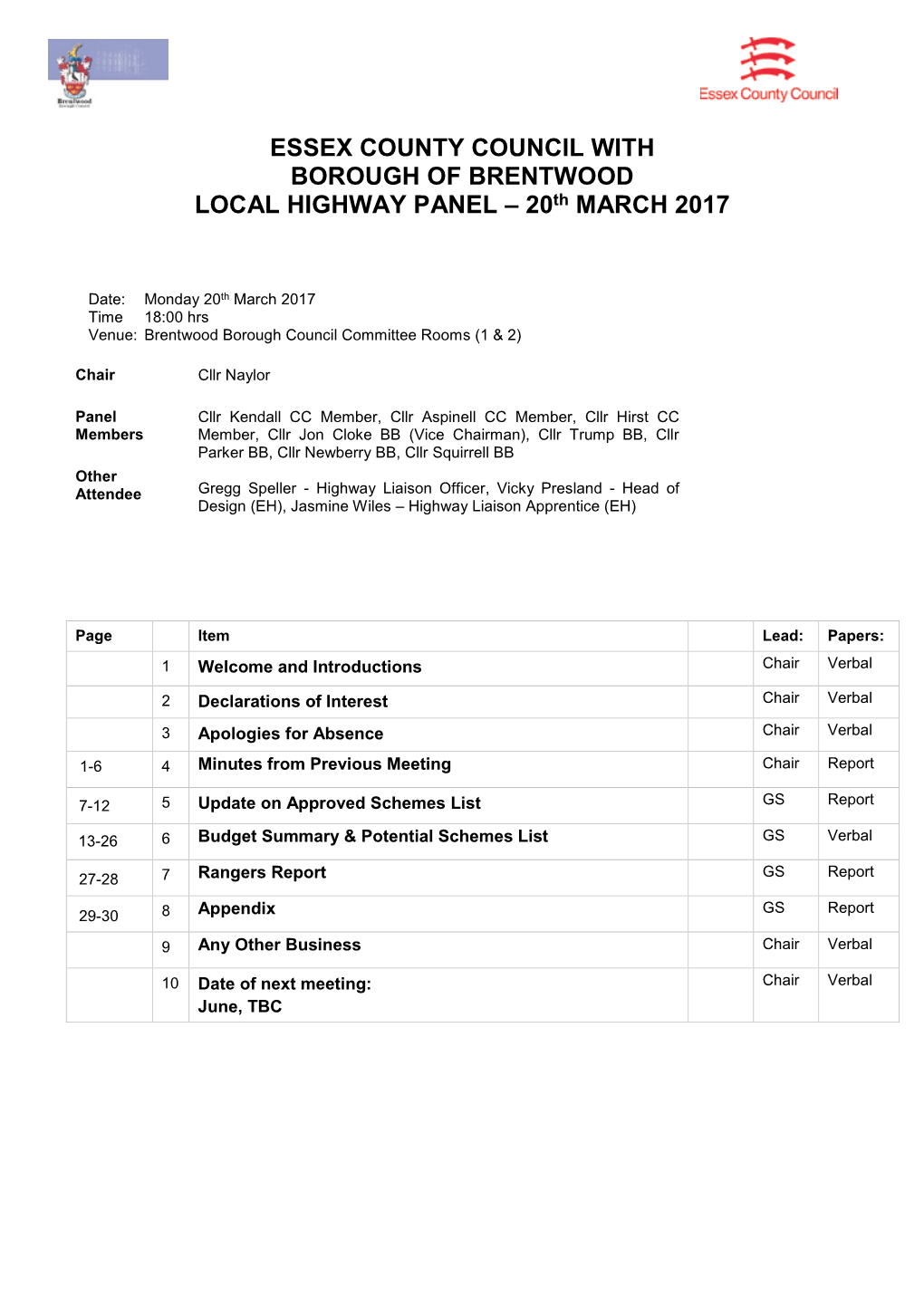 ESSEX COUNTY COUNCIL with BOROUGH of BRENTWOOD LOCAL HIGHWAY PANEL – 20Th MARCH 2017