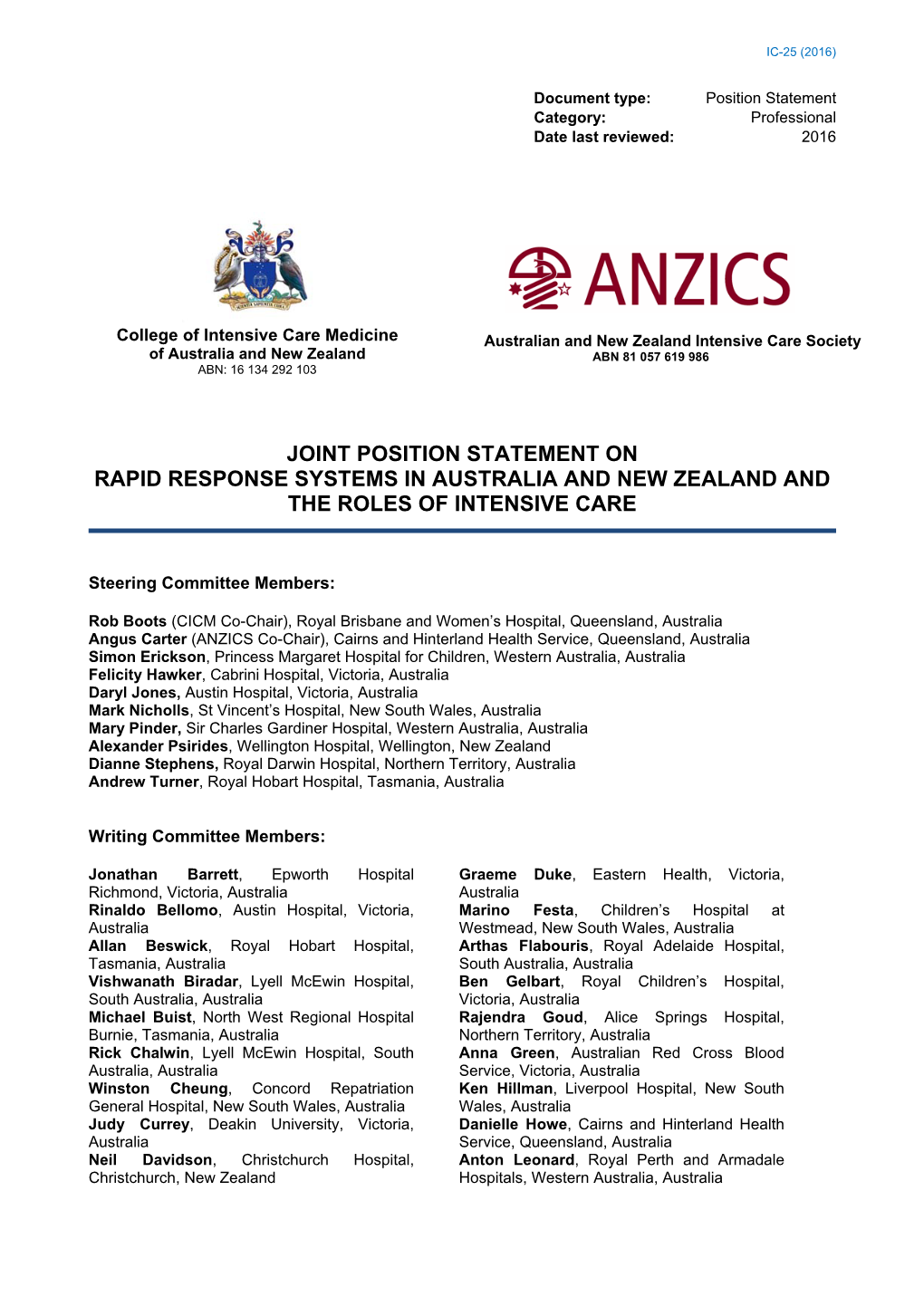 Joint Position Statement on Rapid Response Systems in Australia and New Zealand and the Roles of Intensive Care