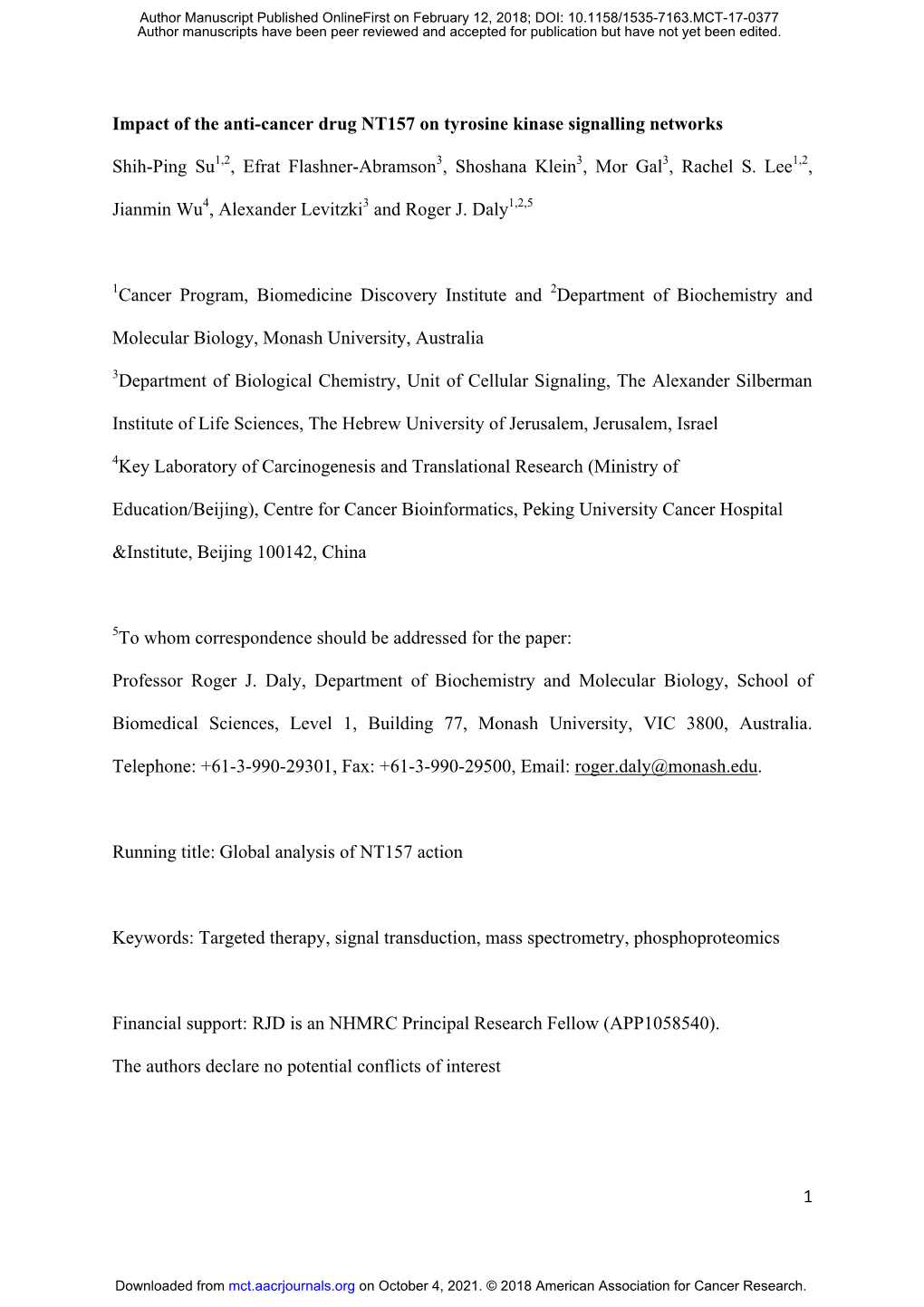 Impact of the Anti-Cancer Drug NT157 on Tyrosine Kinase Signalling Networks