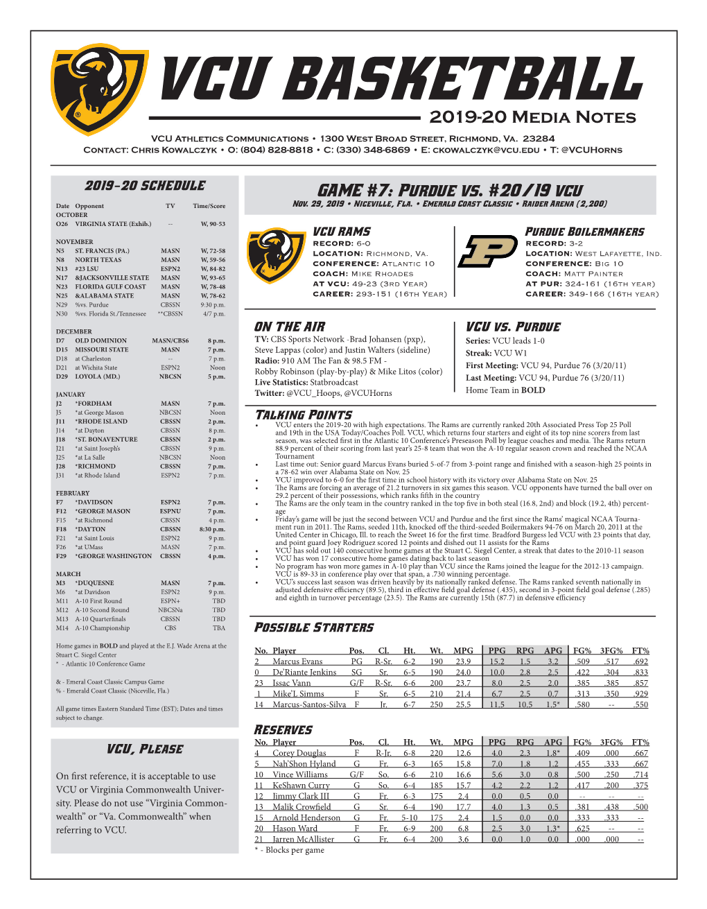 VCU BASKETBALL 2019-20 Media Notes VCU Athletics Communications • 1300 West Broad Street, Richmond, Va