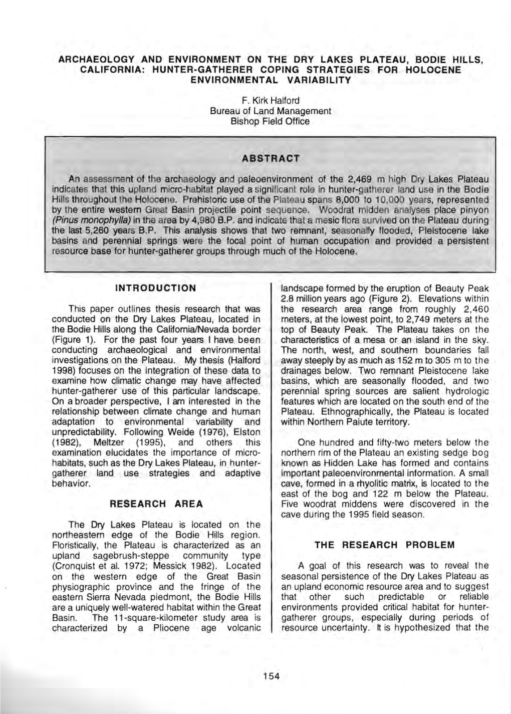 Archaeology and Environment on the Dry Lakes Plateau, Bodie Hills, California: Hunter-Gatherer Coping Strategies for Holocene Environmental Variability