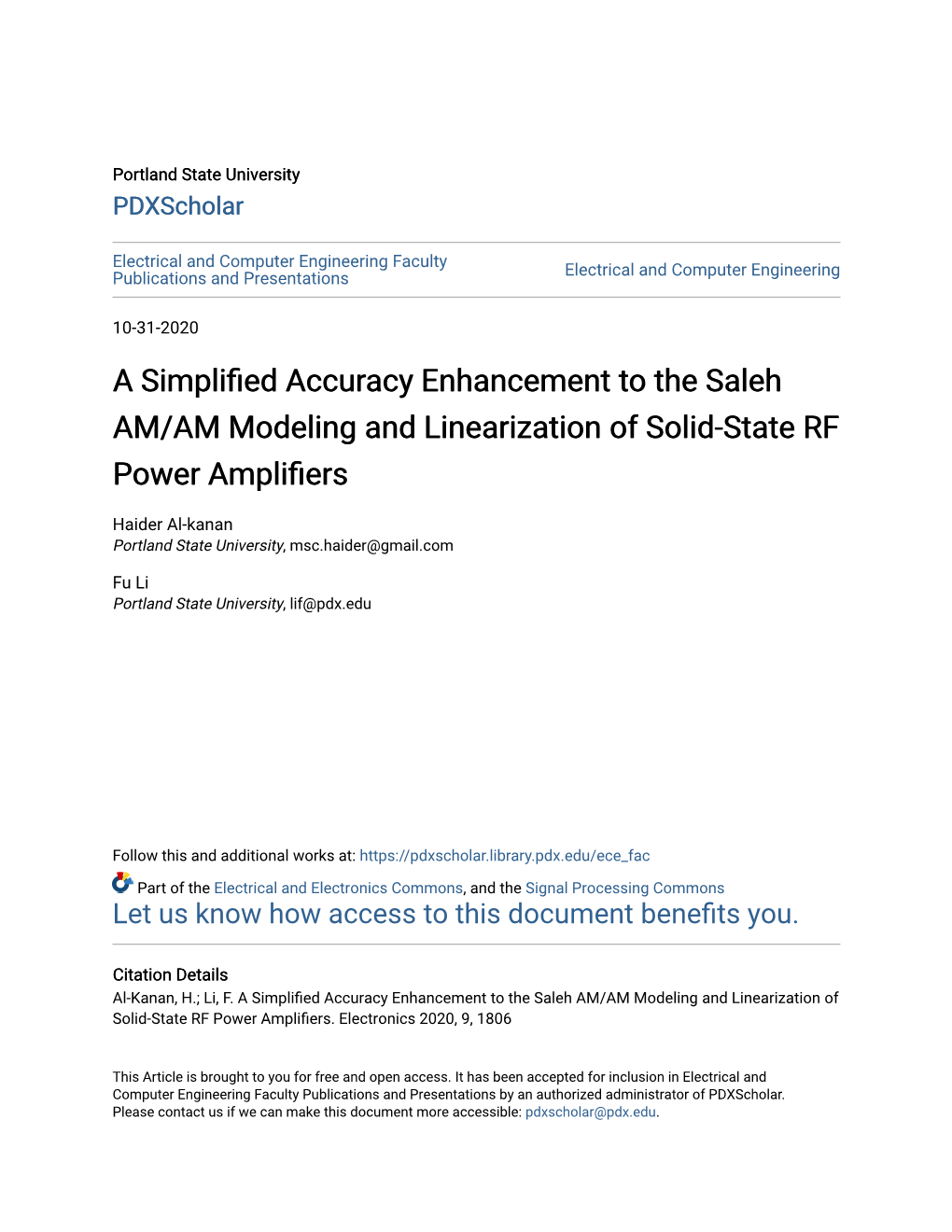 A Simplified Accuracy Enhancement to the Saleh AM/AM Modeling and Linearization of Solid-State RF Power Amplifiers