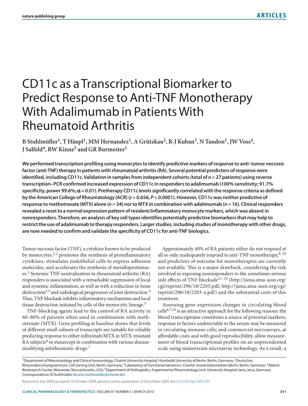 Cd11c As a Transcriptional Biomarker to Predict Response to Anti-TNF Monotherapy with Adalimumab in Patients with Rheumatoid Arthritis