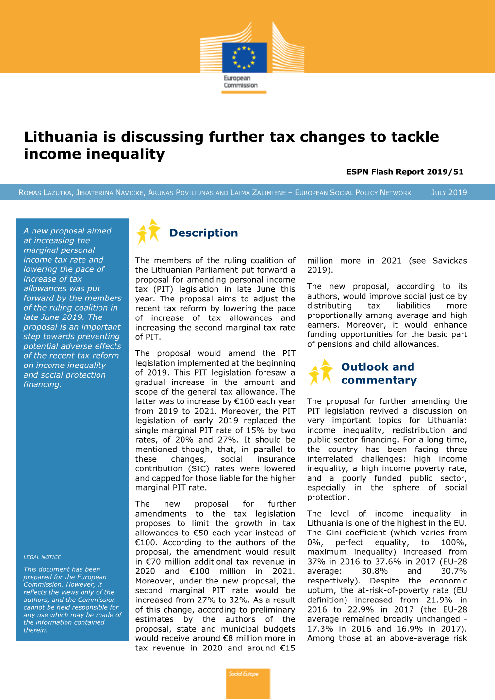 Lithuania Is Discussing Further Tax Changes to Tackle Income Inequality ESPN Flash Report 2019/51