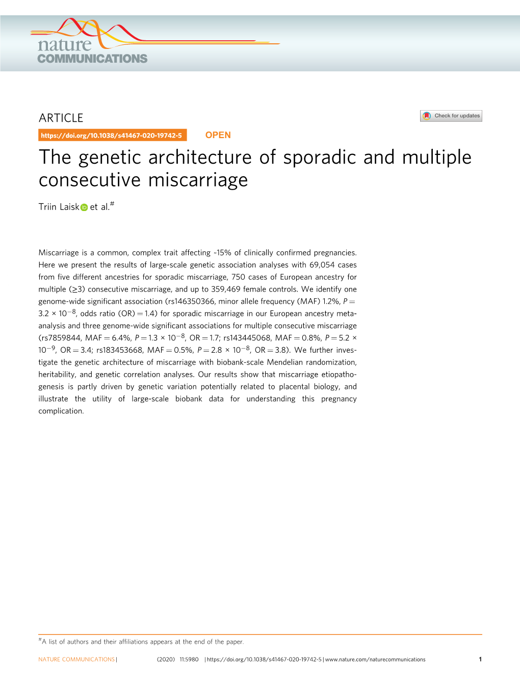 The Genetic Architecture of Sporadic and Multiple Consecutive Miscarriage