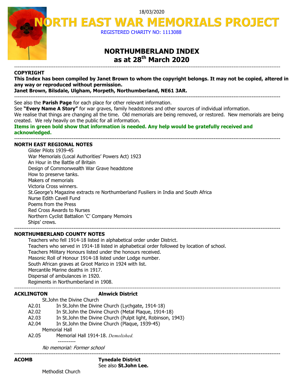 NORTHUMBERLAND INDEX As at 28Th March 2020