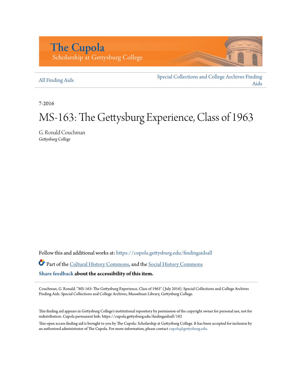 The Gettysburg Experience, Class of 1963 G