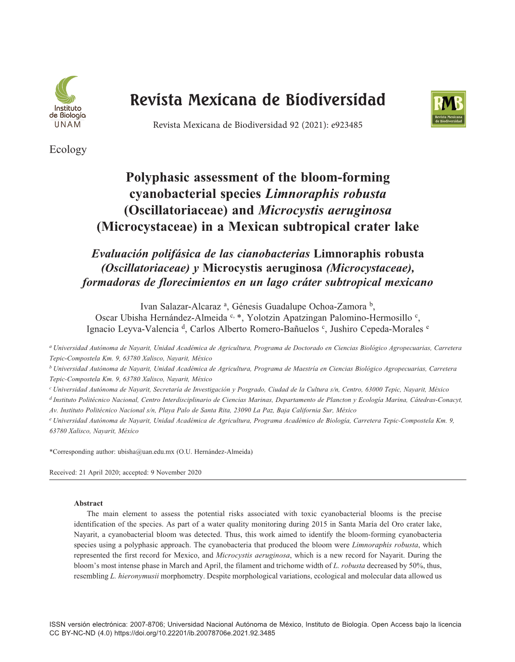 And Microcystis Aeruginosa (Microcystaceae) in a Mexican Subtropical Crater Lake