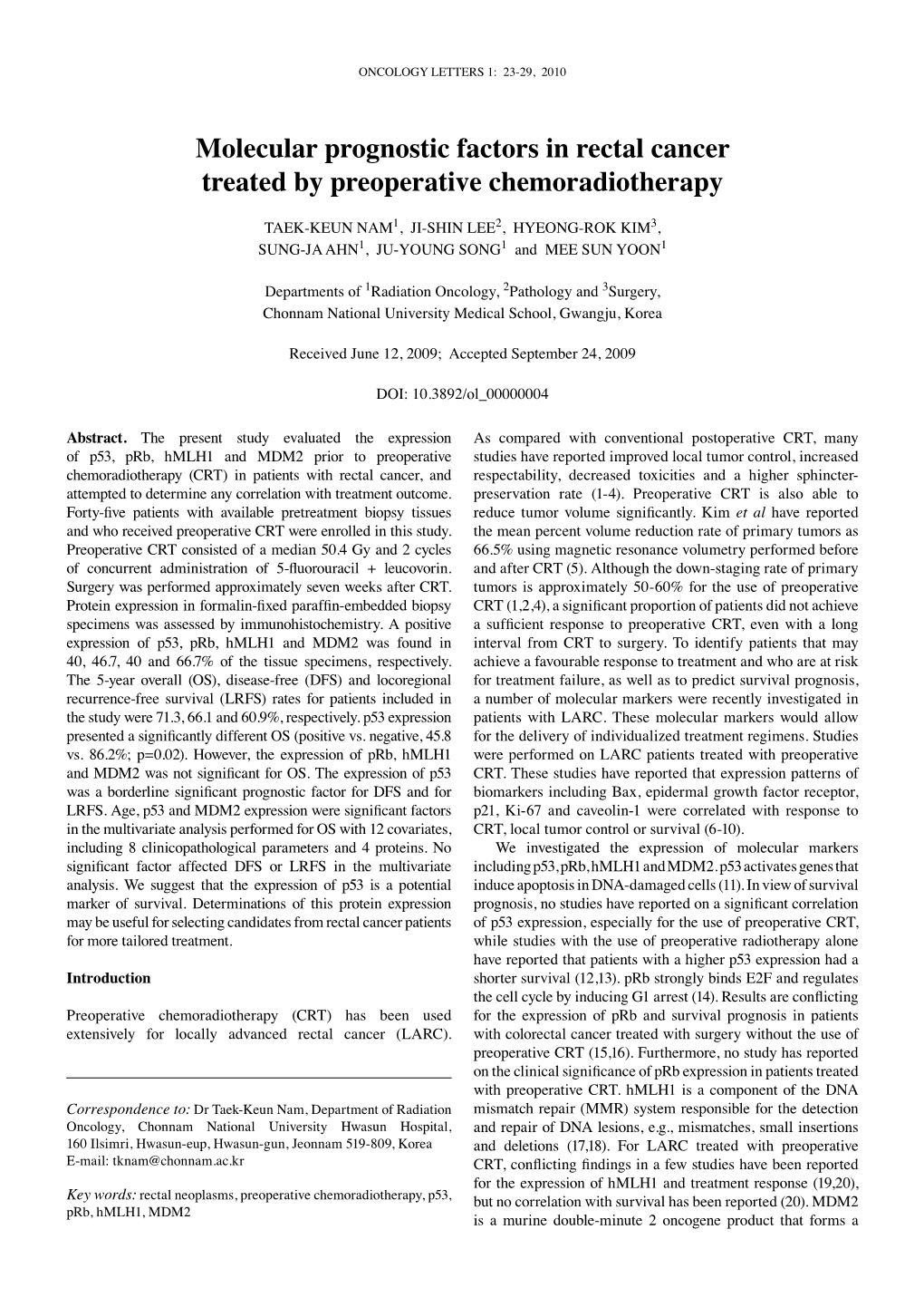 Molecular Prognostic Factors in Rectal Cancer Treated by Preoperative Chemoradiotherapy