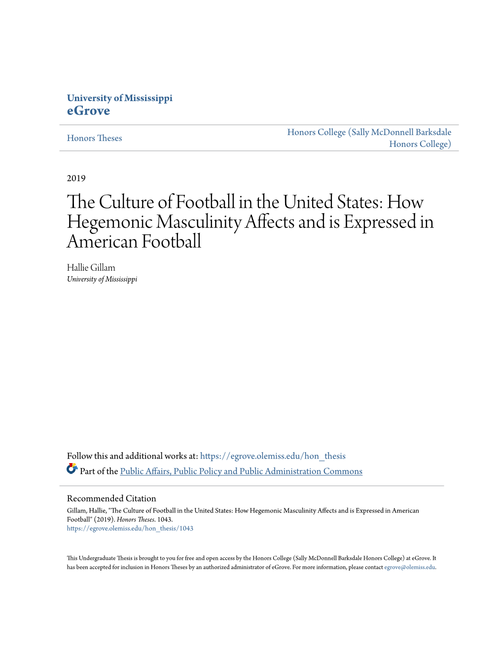 The Culture of Football in the United States: How Hegemonic Masculinity Affects and Is Expressed in American Football