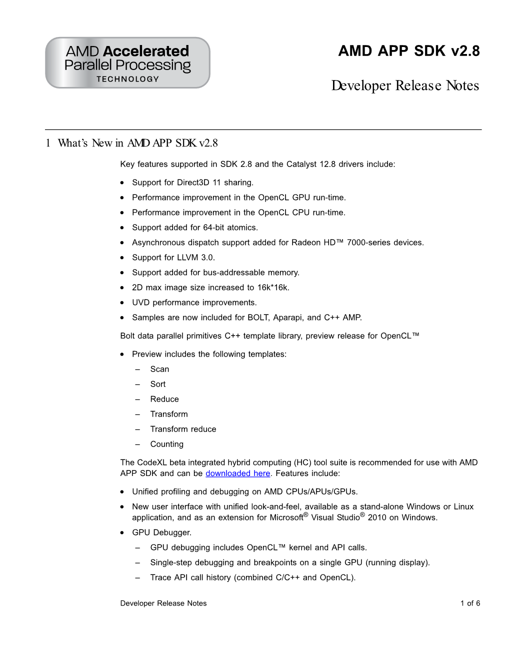 AMD APP SDK V2.8 Developer Release Notes