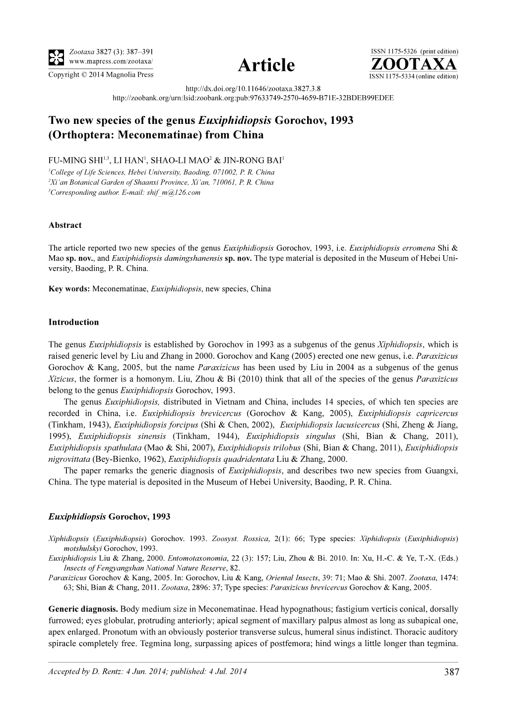 Two New Species of the Genus Euxiphidiopsis Gorochov, 1993 (Orthoptera: Meconematinae) from China
