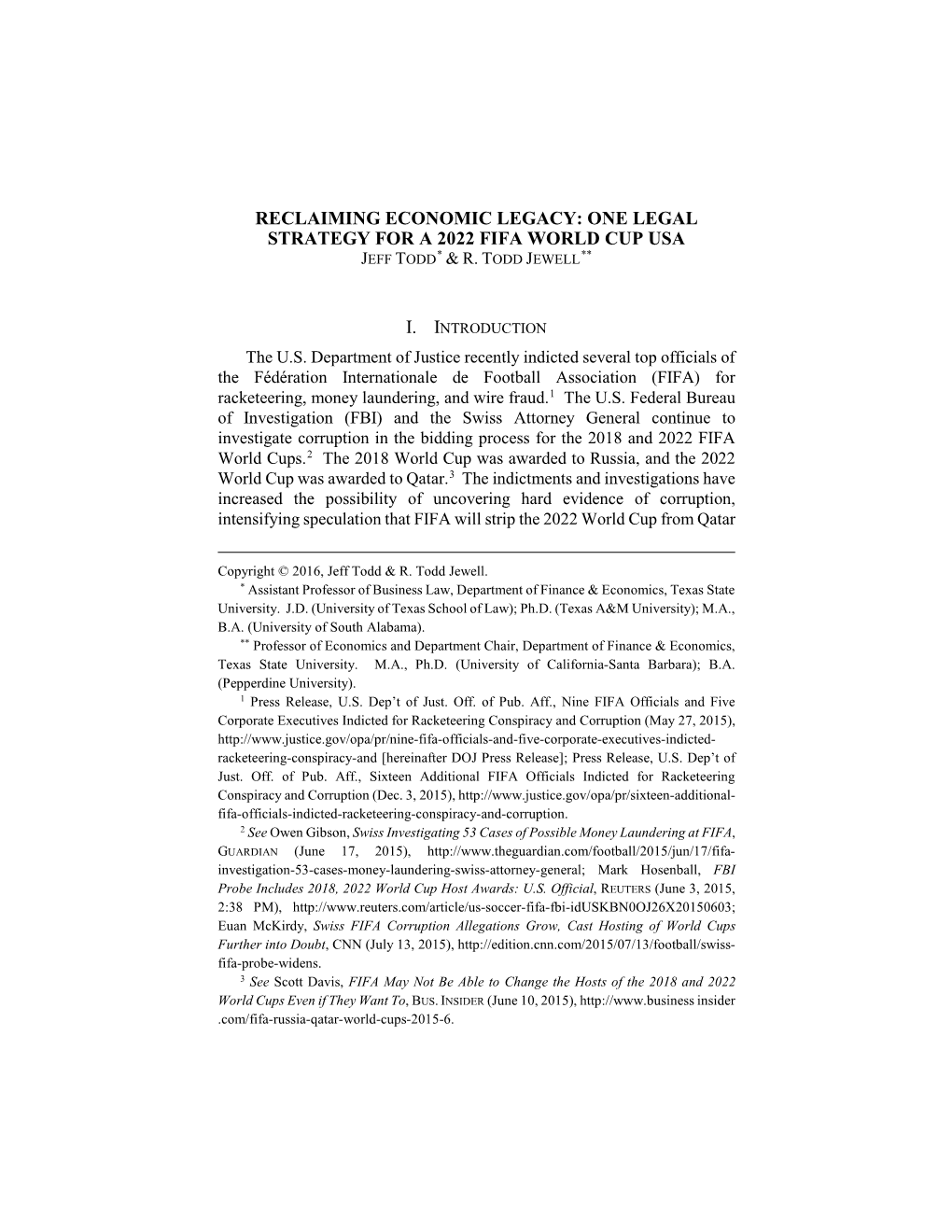 Reclaiming Economic Legacy: One Legal Strategy for a 2022 Fifa World Cup Usa Jeff Todd* & R