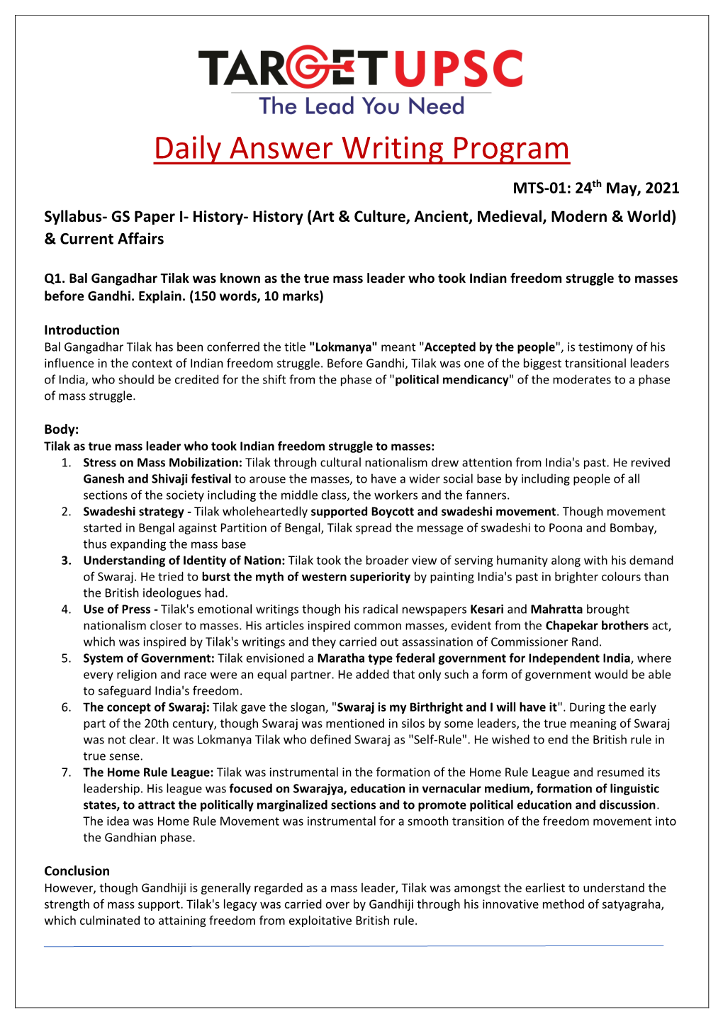 Daily Answer Writing Program MTS-01: 24Th May, 2021 Syllabus- GS Paper I- History- History (Art & Culture, Ancient, Medieval, Modern & World) & Current Affairs