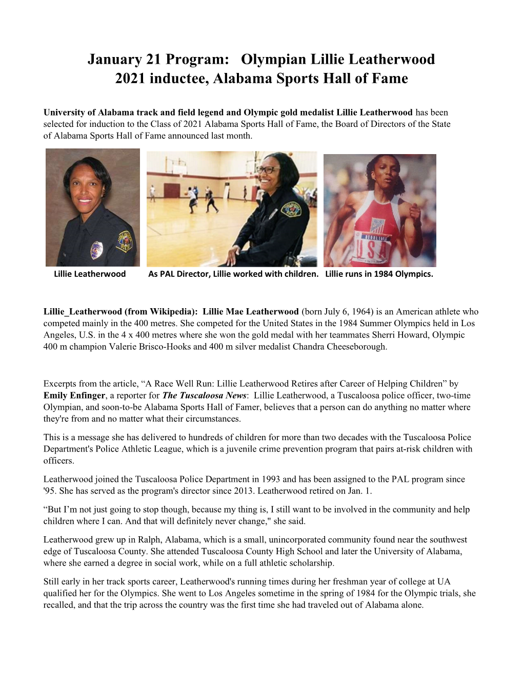 Olympian Lillie Leatherwood 2021 Inductee, Alabama Sports Hall of Fame