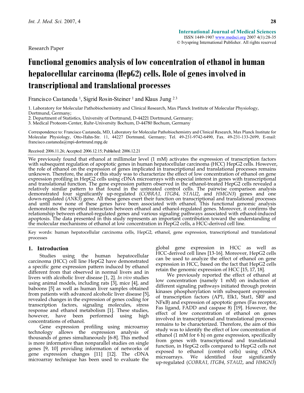 (Hepg2) Cells. Role of Genes Involved in Transcriptional and Translational Processes Francisco Castaneda 1, Sigrid Rosin-Steiner 1 and Klaus Jung 2 3 1