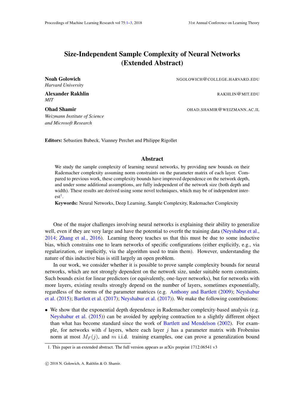 Size-Independent Sample Complexity of Neural Networks (Extended Abstract)