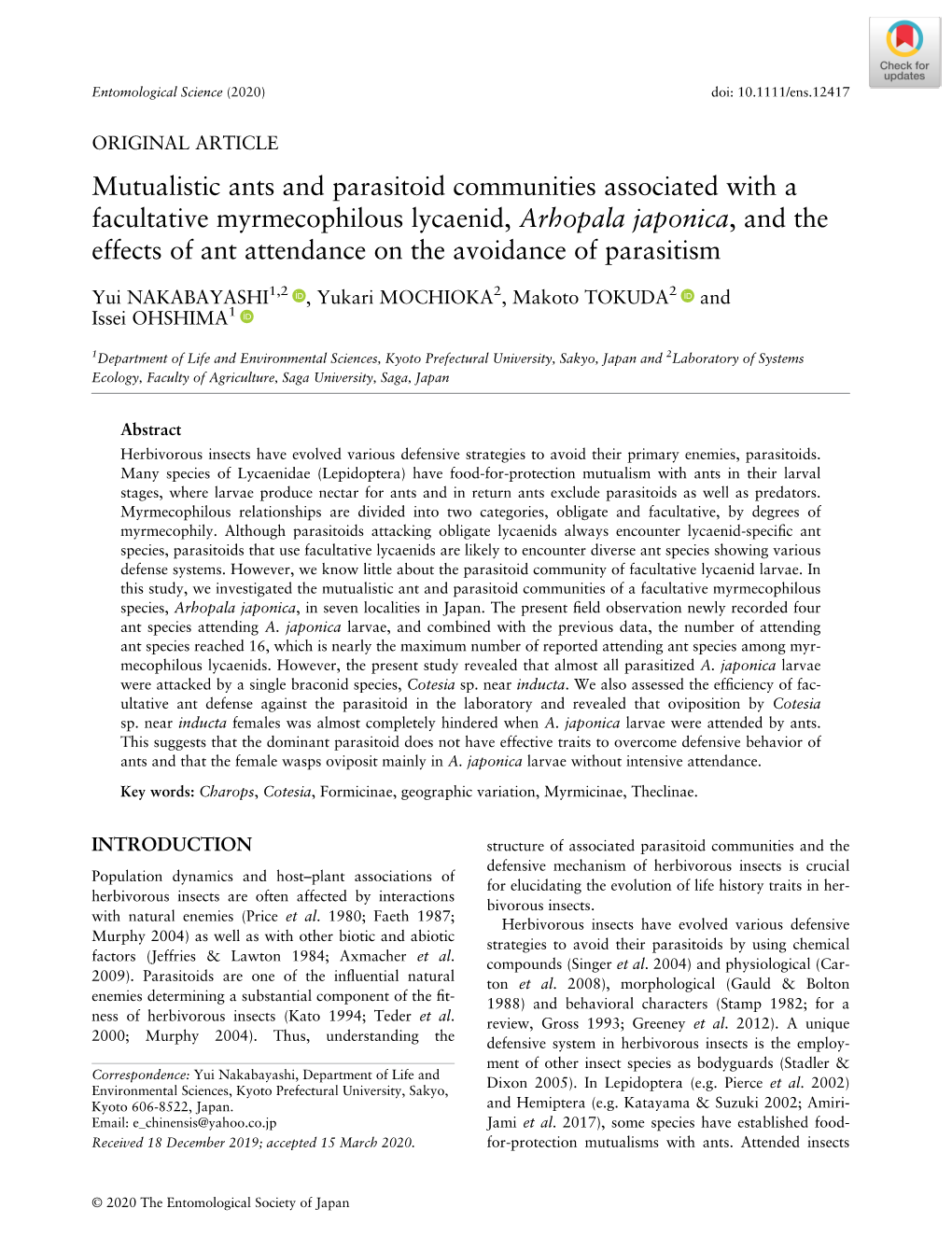 Mutualistic Ants and Parasitoid Communities Associated with a Facultative Myrmecophilous Lycaenid, Arhopala Japonica, and the Ef