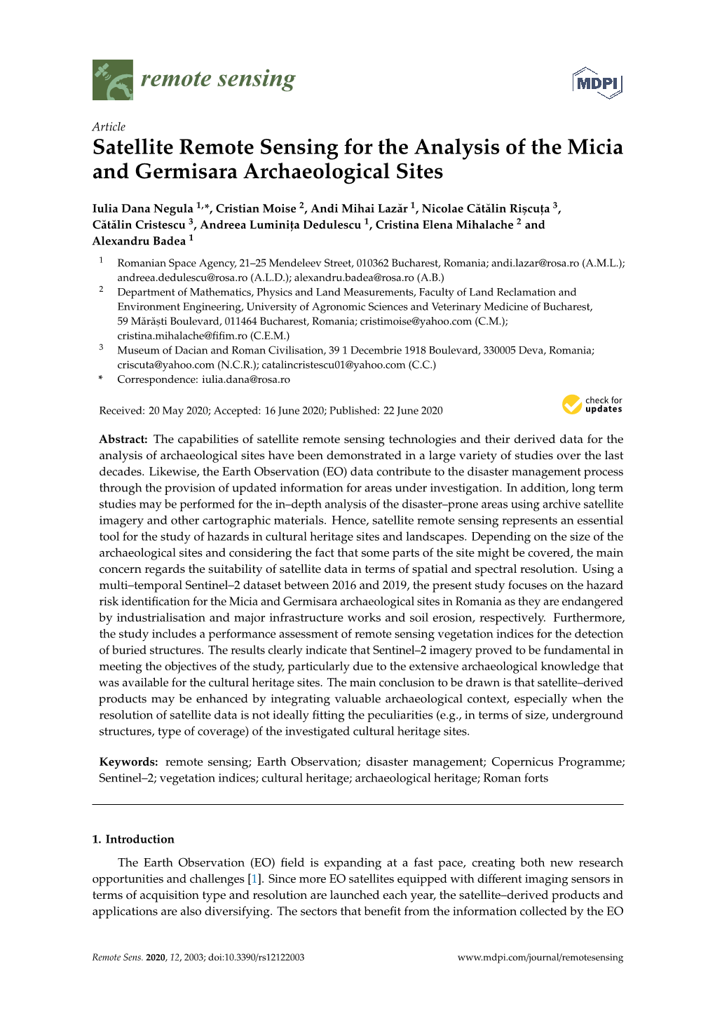 Satellite Remote Sensing for the Analysis of the Micia and Germisara Archaeological Sites