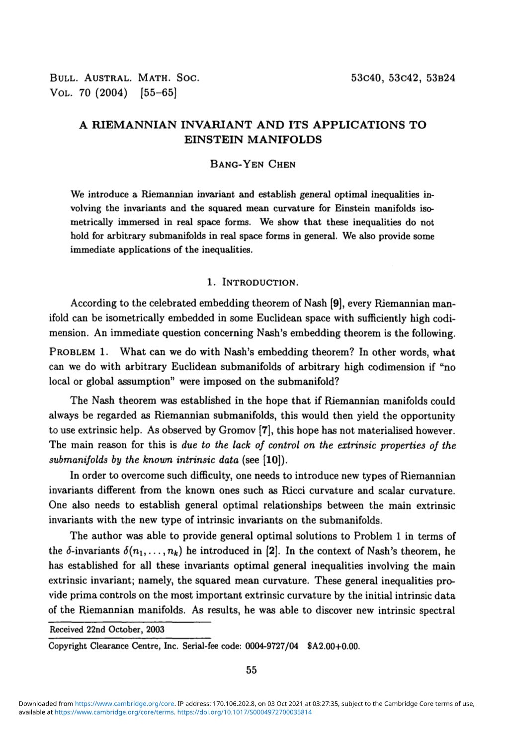 A Riemannian Invariant and Its Applications to Einstein Manifolds