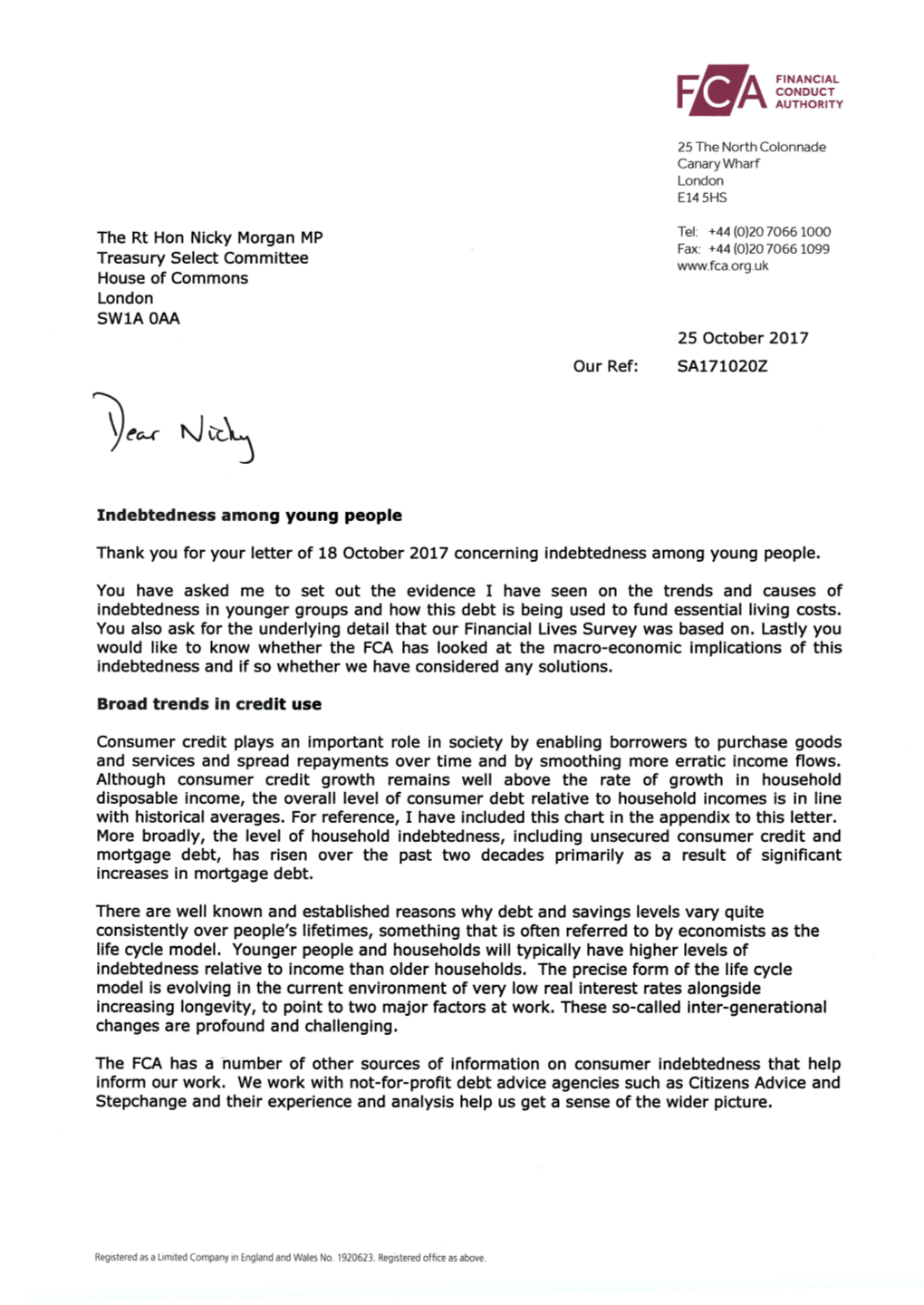 Correspondence from the Chief Executive of the Financial Conduct Authority Relating to Indebtedness in Young People, Dated 25 Oc