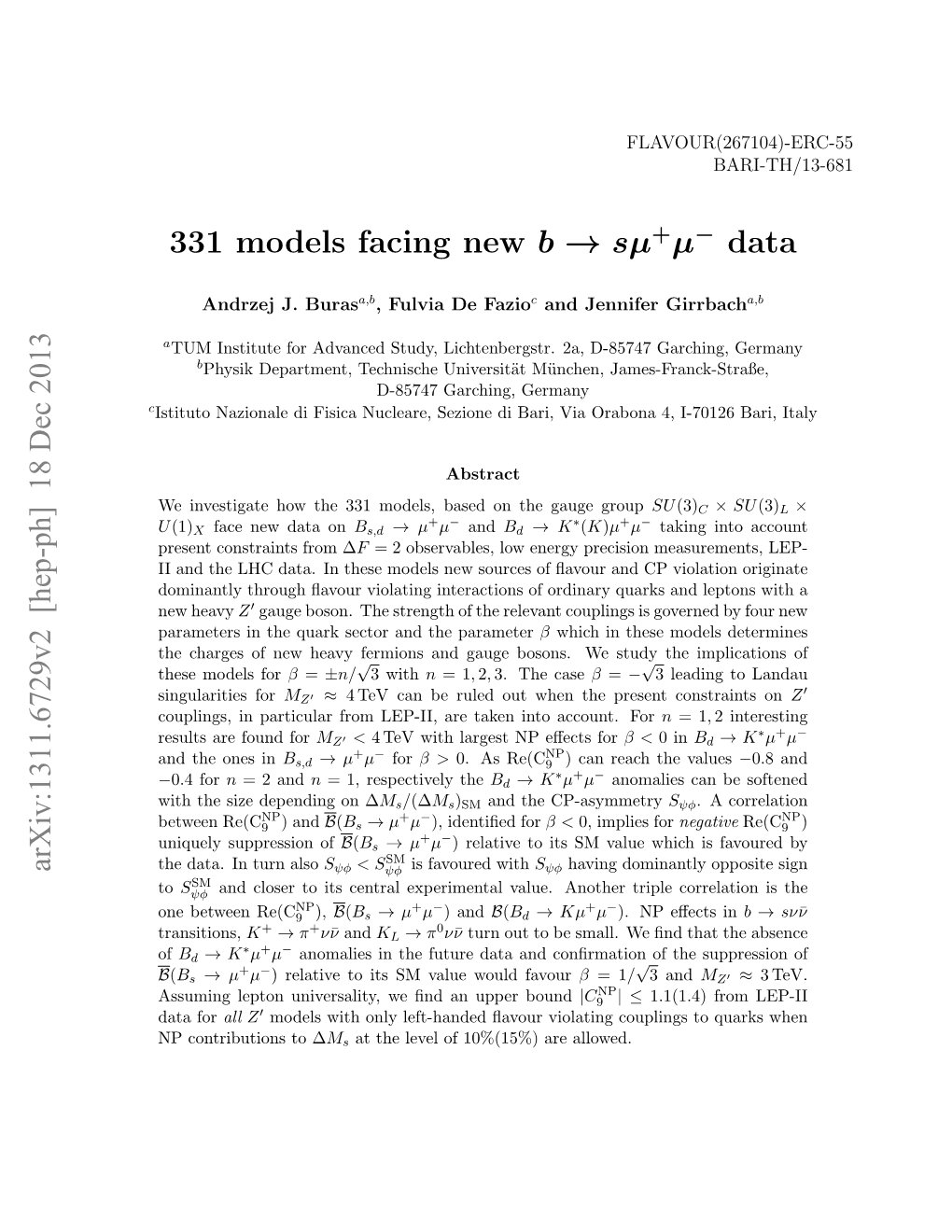 331 Models Facing New B → Sµ Μ Data Arxiv:1311.6729V2 [Hep-Ph] 18 Dec 2013