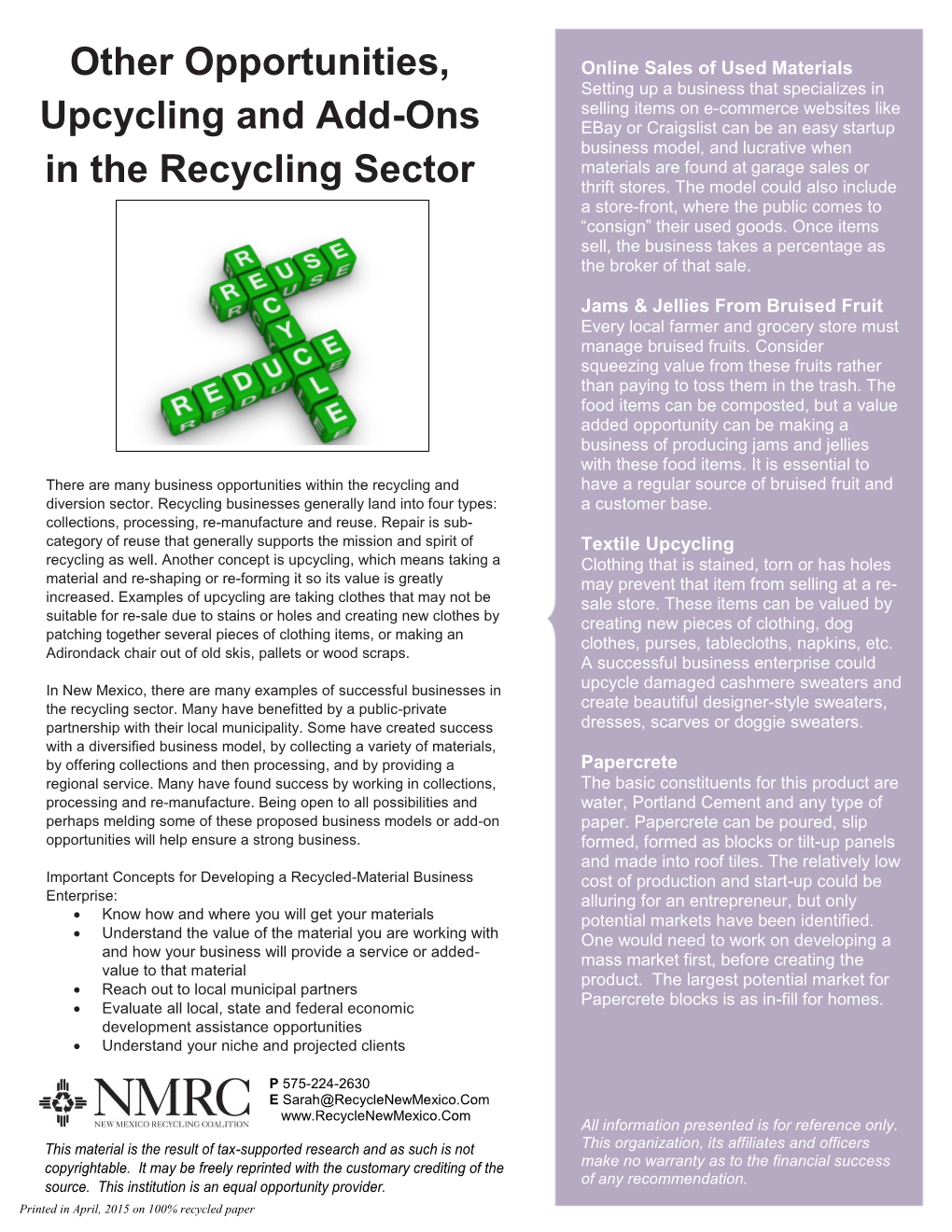 Other Opportunities, Upcycling and Add-Ons in the Recycling Sector