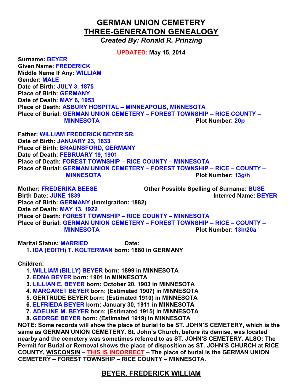 BEYER, FREDERICK WILLIAM GERMAN UNION CEMETERY THREE-GENERATION GENEALOGY Created By: Ronald R