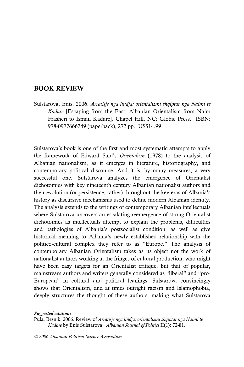 Review of Enis Sulstarova, Arratisje Nga Lindja: Orientalizmi Shqiptar Nga