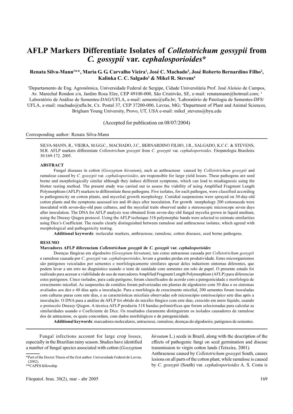 AFLP Markers Differentiate Isolates of Colletotrichum Gossypii from C