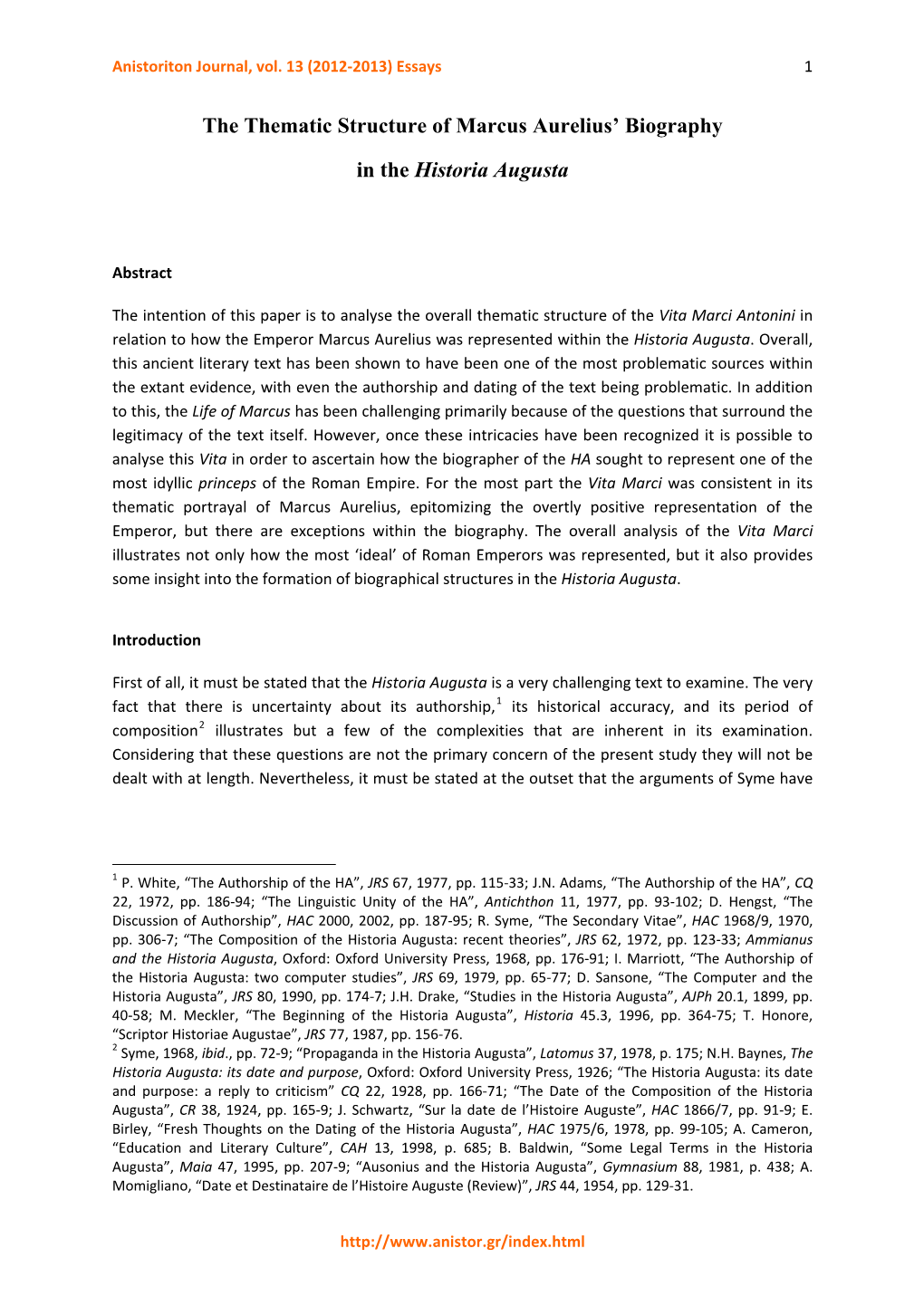 The Thematic Structure of Marcus Aurelius' Biography in the Historia