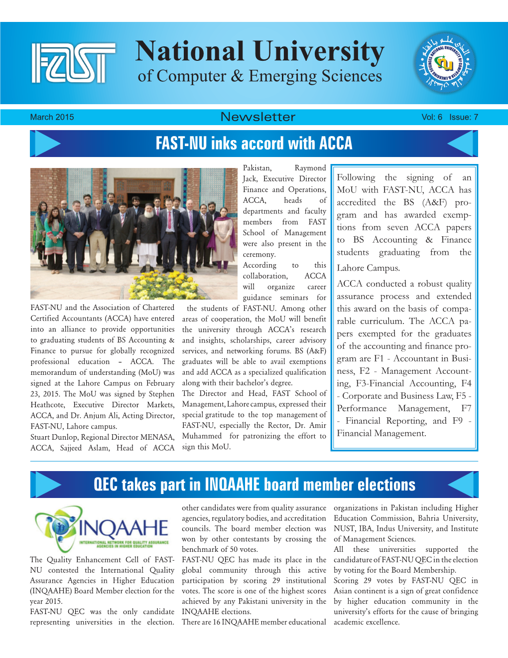 March 2015 Newsletter Vol: 6 Issue: 7 FAST-NU Inks Accord with ACCA