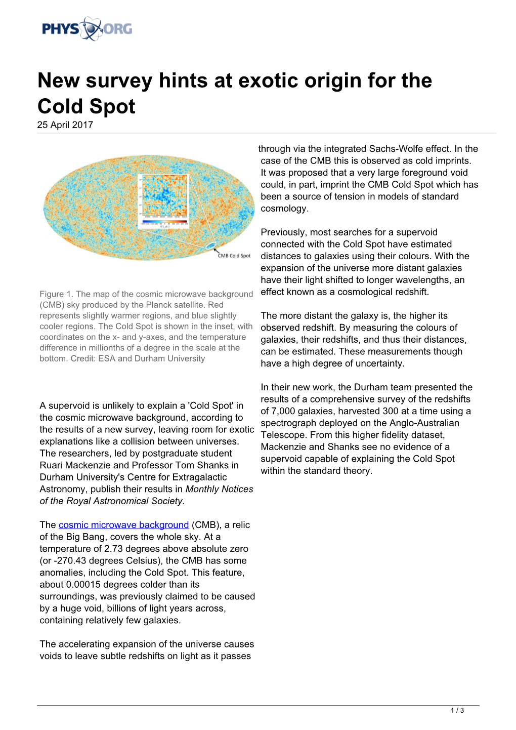 New Survey Hints at Exotic Origin for the Cold Spot 25 April 2017