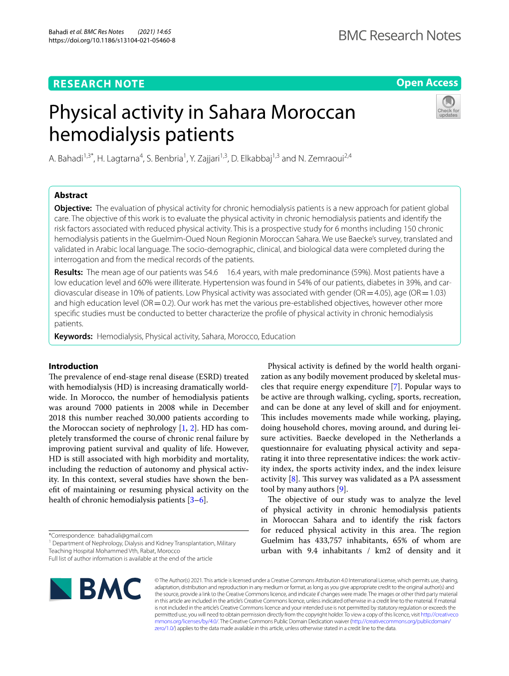 Physical Activity in Sahara Moroccan Hemodialysis Patients A