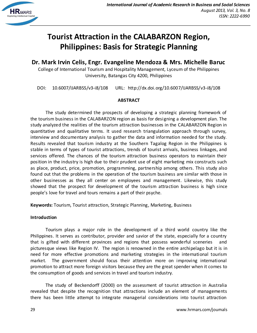 Tourist Attraction in the CALABARZON Region, Philippines: Basis for Strategic Planning