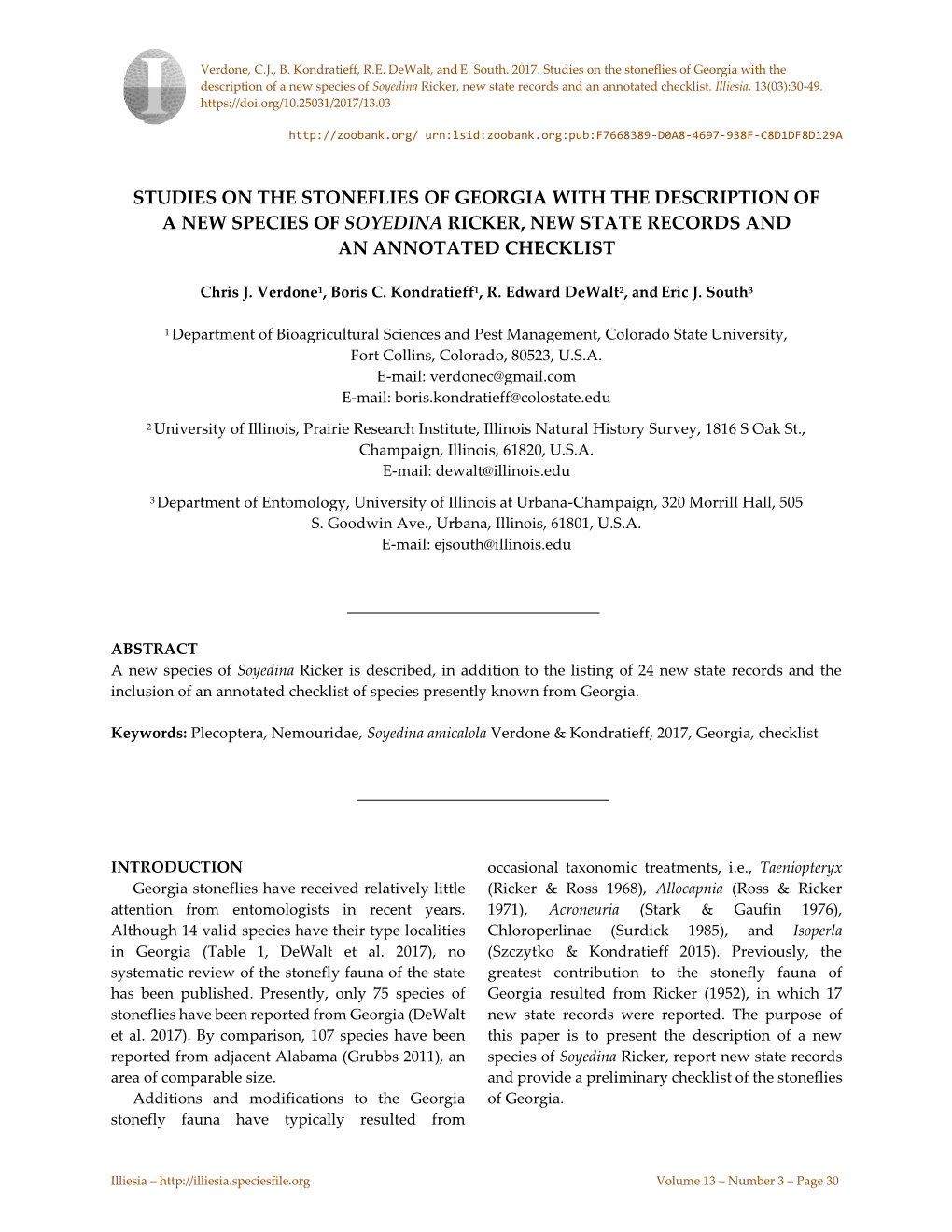 Studies on the Stoneflies of Georgia with the Description of a New Species of Soyedina Ricker, New State Records and an Annotated Checklist