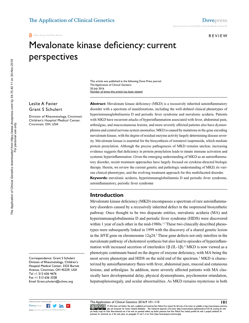 Mevalonate Kinase Deficiency Open Access to Scientific and Medical Research DOI