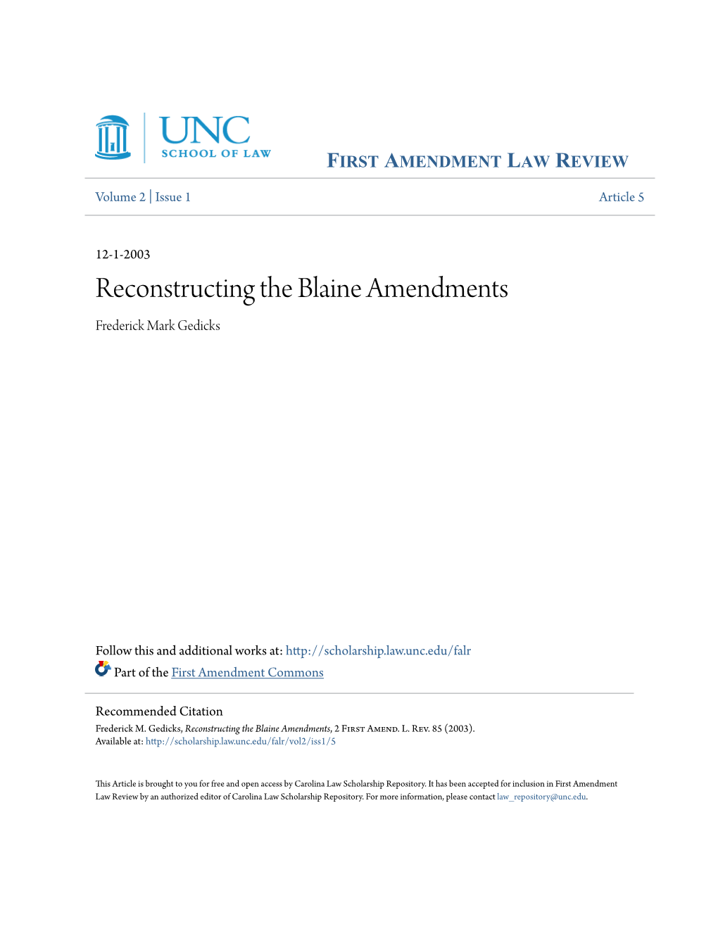 Reconstructing the Blaine Amendments Frederick Mark Gedicks