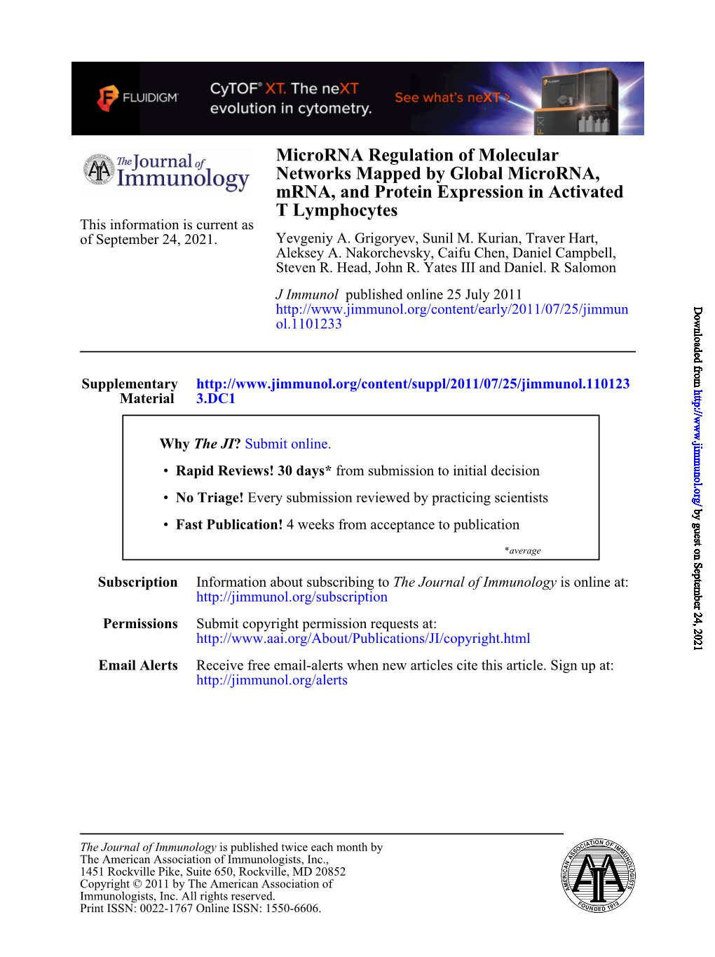 T Lymphocytes Mrna, and Protein Expression in Activated Networks Mapped by Global Microrna, Microrna Regulation of Molecular