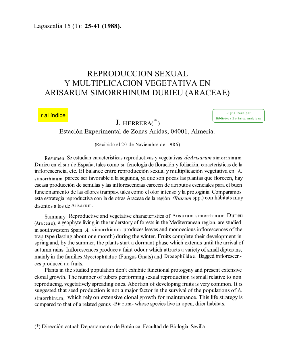 Reproduccion Sexual Y Multiplicacion Vegetativa En Arisarum Simorrhinum Durieu (Araceae)