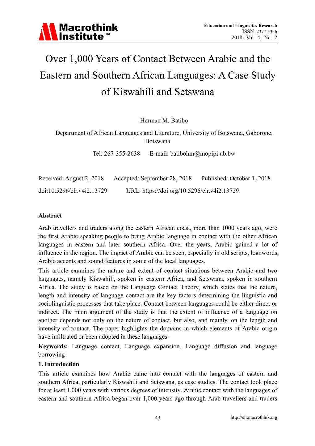 Over 1,000 Years of Contact Between Arabic and the Eastern and Southern African Languages: a Case Study of Kiswahili and Setswana