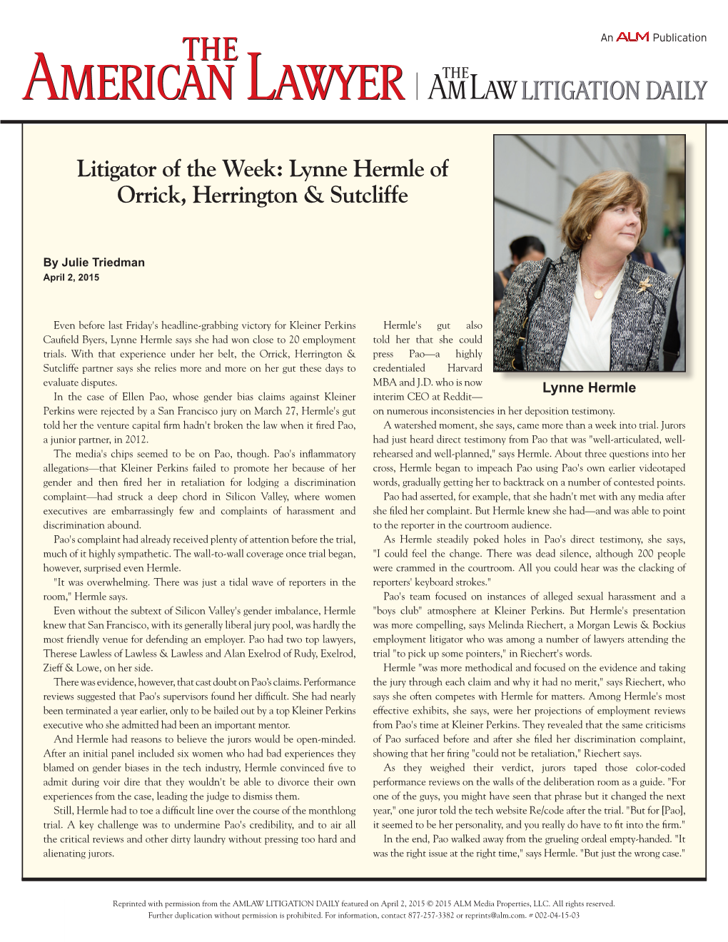 Litigator of the Week: Lynne Hermle of Orrick, Herrington & Sutcliffe
