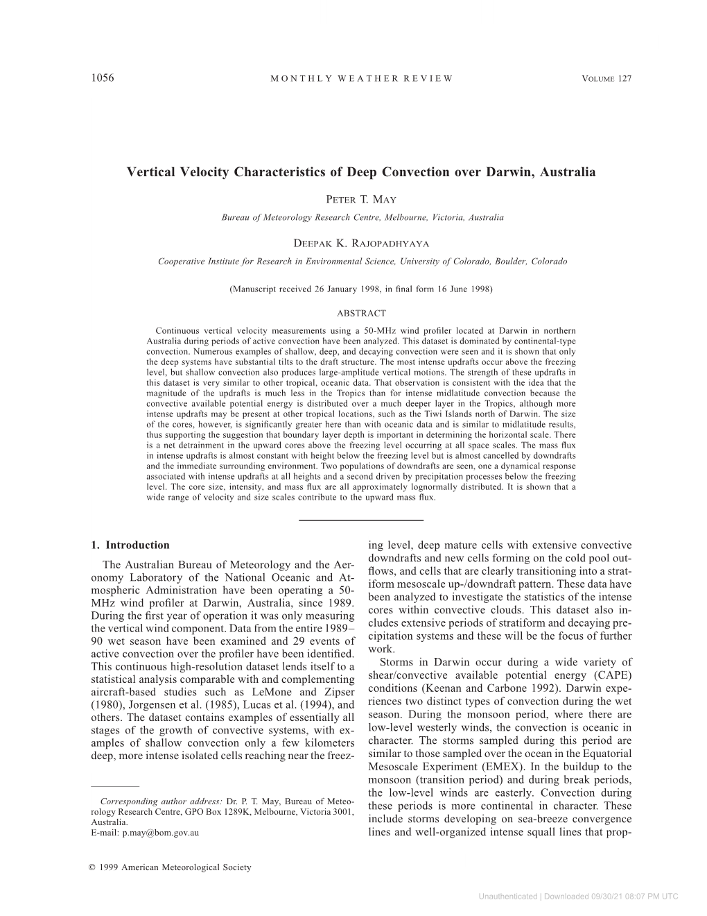 Vertical Velocity Characteristics of Deep Convection Over Darwin, Australia