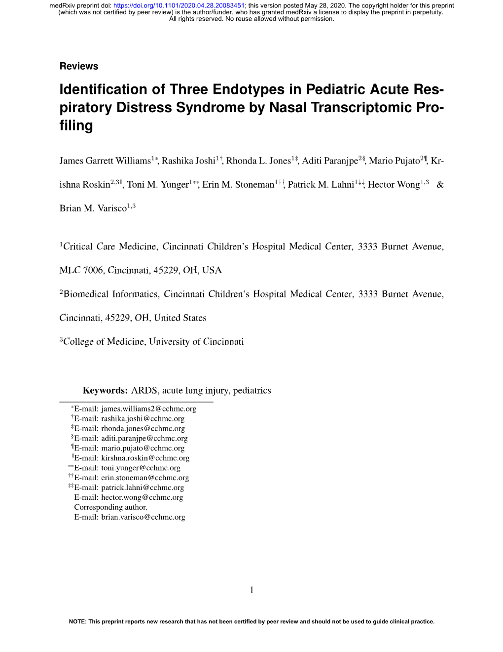 Identification of Three Endotypes in Pediatric Acute Respiratory Distress Syndrome by Nasal Transcriptomic Profiling